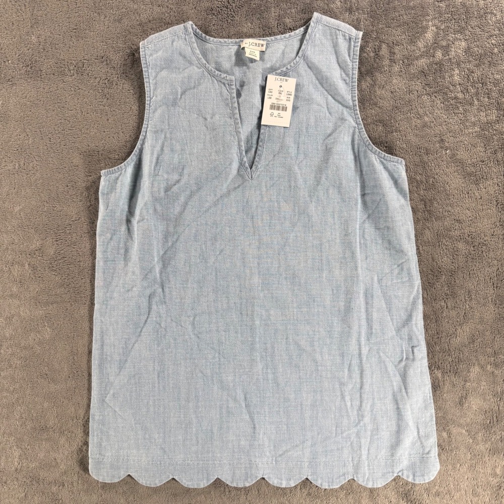 J. Crew Chambray Top Womens XXS Blue NWT Scalloped Hem Split V-Neck L0950
